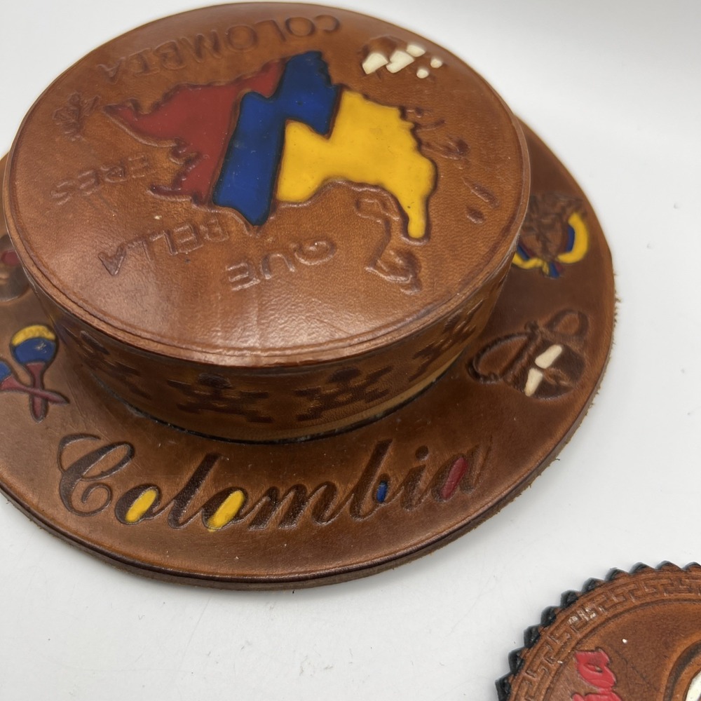 Vtg Coaster Set Leather Handmade Columbia Made - Picture 5 of 15